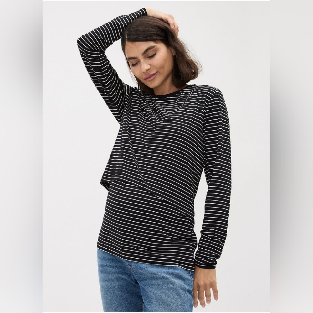 Thyme Maternity Black and White Striped Long Sleeve Nursing Top, size Large